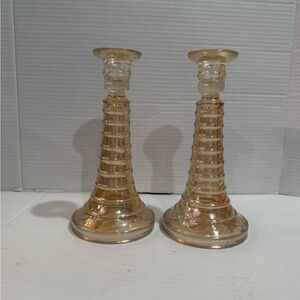 Vintage Carnival Glass‎ Candlesticks Set of 2 Ribbed Spiral